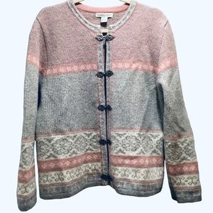 Carroll Reed Wool Cardigan Size-L Fair Isle Nordic Pink/Gray  Metal Clasps Vtg
